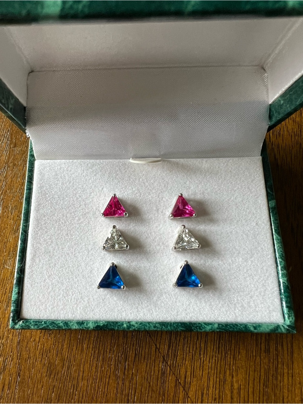 Suzanne Somers Sterling Silver Trilliant Stud Earring Set - Pink, Clear, Blue